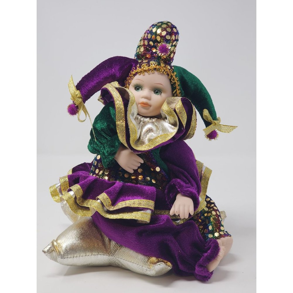 Vintage Mardi‎ Gras Child Clown Porcelain Music Box Doll Music Box Moving Doll